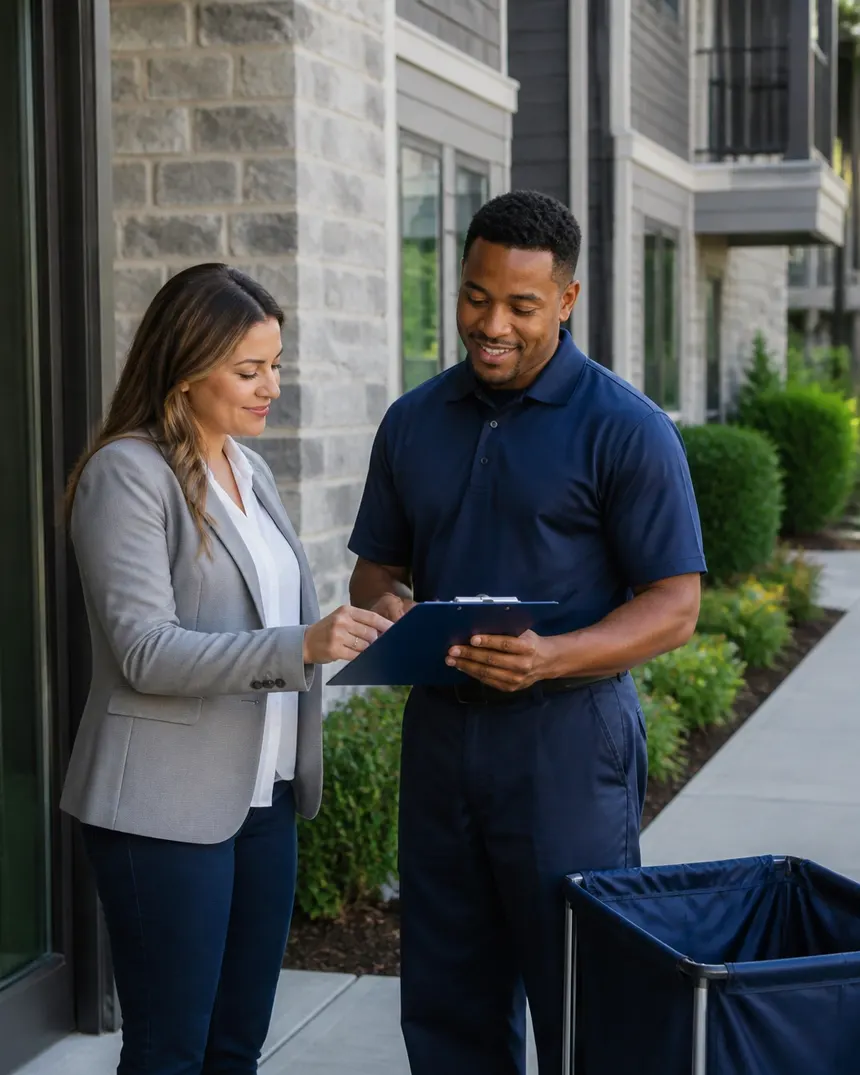 Property manager and Titan team member discussing waste service