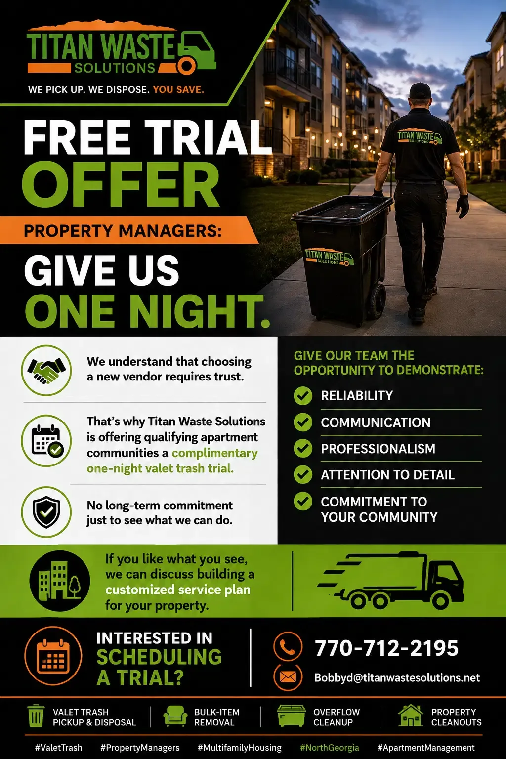 Titan Waste Solutions one-night valet trash trial offer